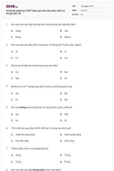 25 đề thi minh họa THPT Quốc gia môn Hóa năm 2022 có lời giải (Đề 10)