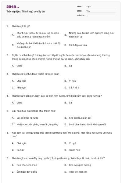 Trắc nghiệm: Thành ngữ có đáp án