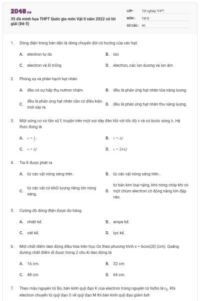 35 đề minh họa THPT Quốc gia môn Vật lí năm 2022 có lời giải (Đề 5)