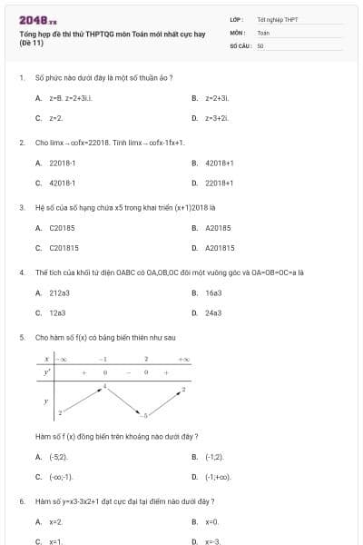 Tổng hợp đề thi thử THPTQG môn Toán mới nhất cực hay (Đề 11)