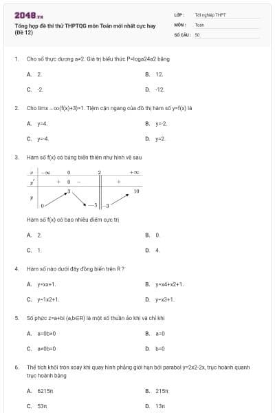 Tổng hợp đề thi thử THPTQG môn Toán mới nhất cực hay (Đề 12)
