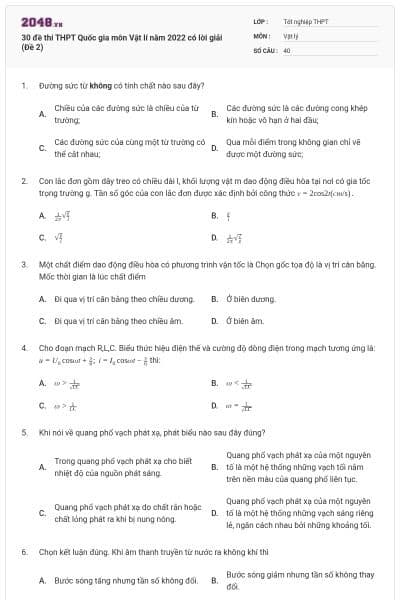 30 đề thi THPT Quốc gia môn Vật lí năm 2022 có lời giải (Đề 2)