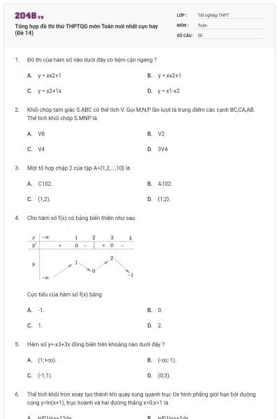 Tổng hợp đề thi thử THPTQG môn Toán mới nhất cực hay (Đề 14)