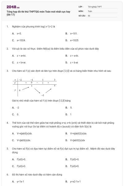 Tổng hợp đề thi thử THPTQG môn Toán mới nhất cực hay (Đề 17)