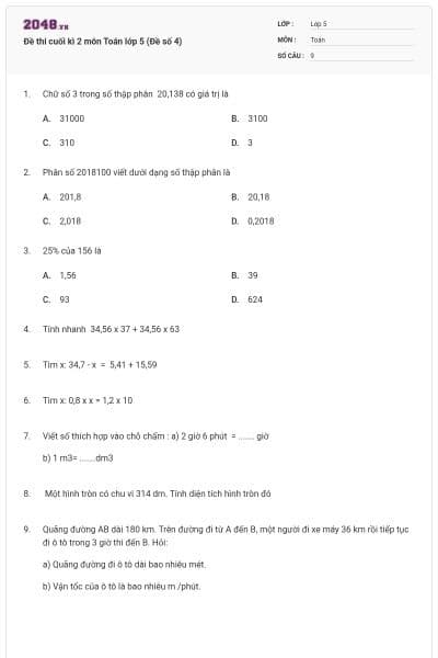 Đề thi cuối kì 2 môn Toán lớp 5 (Đề số 4)