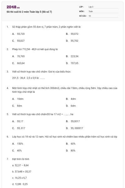 Đề thi cuối kì 2 môn Toán lớp 5 (Đề số 7)