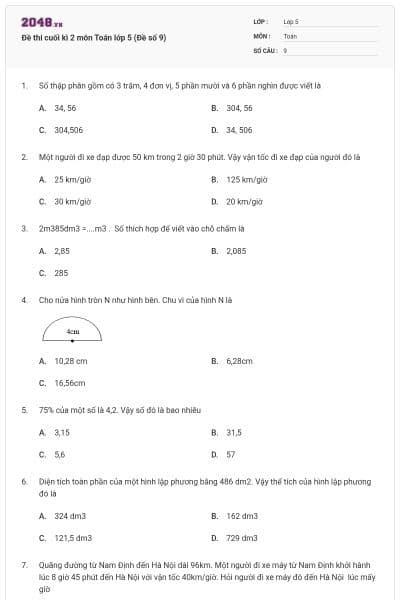 Đề thi cuối kì 2 môn Toán lớp 5 (Đề số 9)