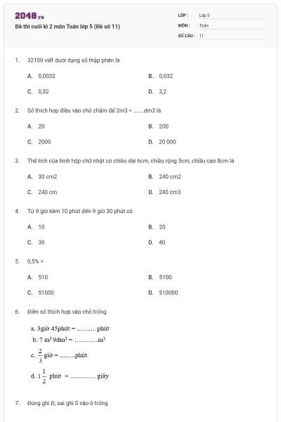 Đề thi cuối kì 2 môn Toán lớp 5 (Đề số 11)