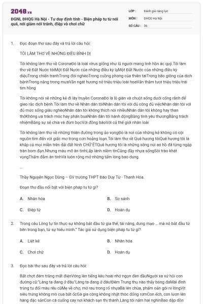 ĐGNL ĐHQG Hà Nội - Tư duy định tính - Biện pháp tu từ nói quá, nói giảm nói tránh, điệp và chơi chữ