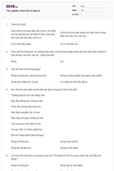 Trắc nghiệm: Chơi chữ có đáp án