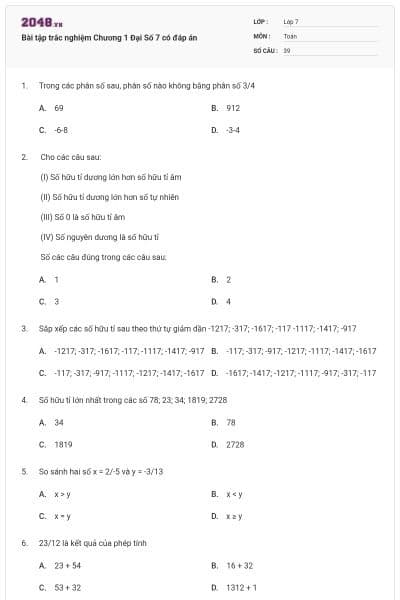 Bài tập trắc nghiệm Chương 1 Đại Số 7 có đáp án
