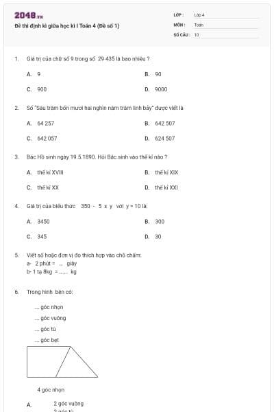Đề thi định kì giữa học kì I Toán 4 (Đề số 1)