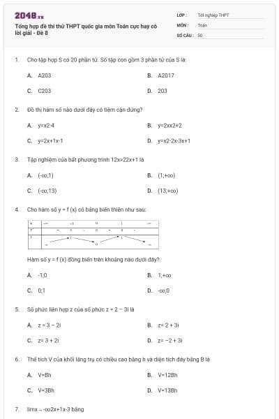 Tổng hợp đề thi thử THPT quốc gia môn Toán cực hay có lời giải - Đề 8