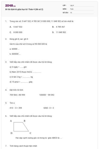 Đề thi định kì giữa học kì I Toán 4 (Đề số 2)