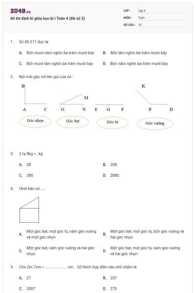 Đề thi định kì giữa học kì I Toán 4 (Đề số 3)