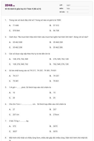 Đề thi định kì giữa học kì I Toán 4 (Đề số 4)