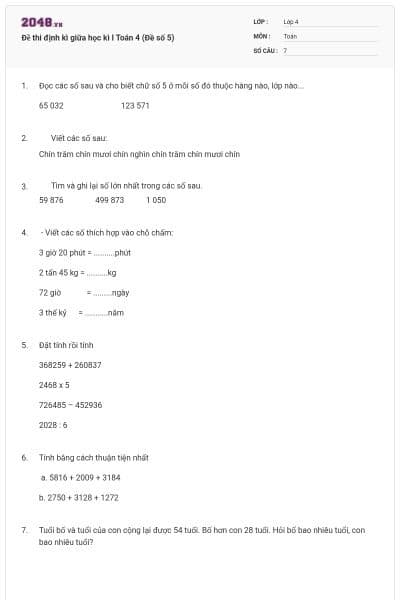 Đề thi định kì giữa học kì I Toán 4 (Đề số 5)
