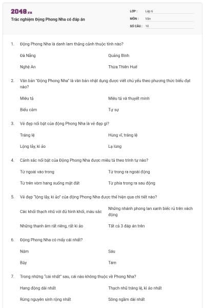 Trắc nghiệm Động Phong Nha có đáp án