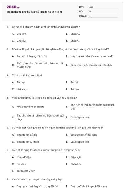 Trắc nghiệm Bức thư của thủ lĩnh da đỏ có đáp án