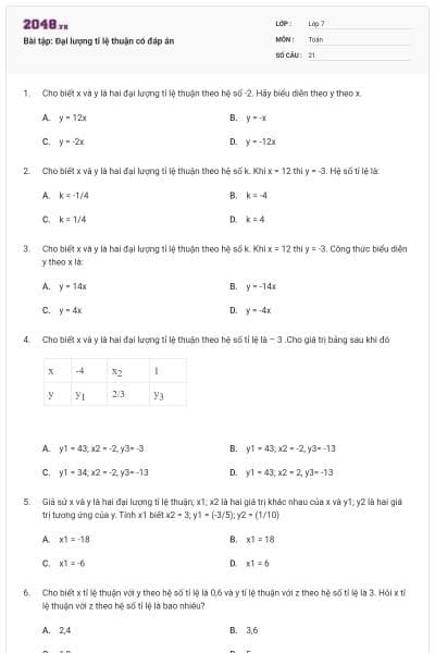 Bài tập: Đại lượng tỉ lệ thuận có đáp án