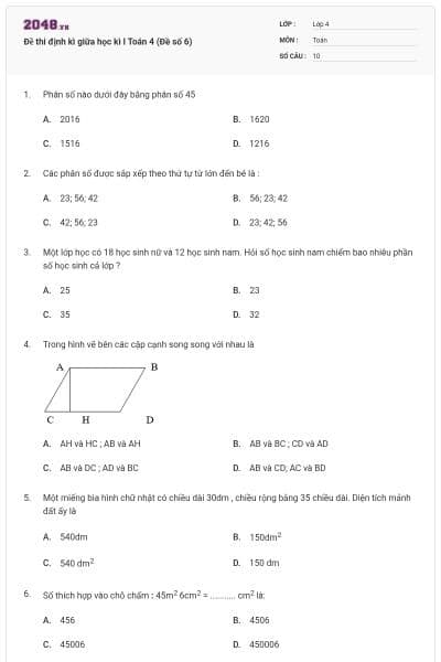 Đề thi định kì giữa học kì I Toán 4 (Đề số 6)