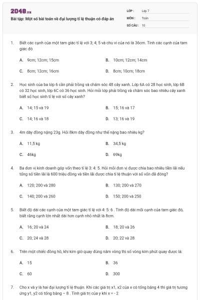 Bài tập: Một số bài toán về đại lượng tỉ lệ thuận có đáp án