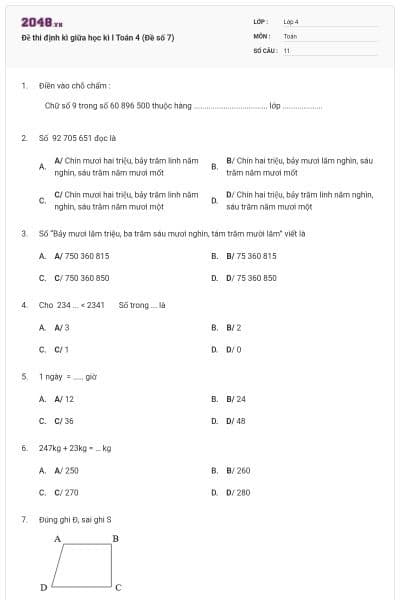 Đề thi định kì giữa học kì I Toán 4 (Đề số 7)