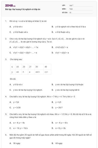 Bài tập: Đại lượng tỉ lệ nghịch có đáp án