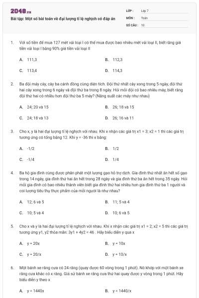 Bài tập: Một số bài toán về đại lượng tỉ lệ nghịch có đáp án