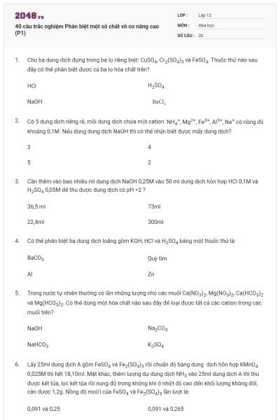 40 câu trắc nghiệm Phân biệt một số chất vô cơ nâng cao (P1)