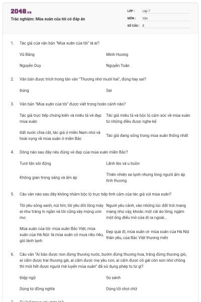 Trắc nghiệm: Mùa xuân của tôi có đáp án