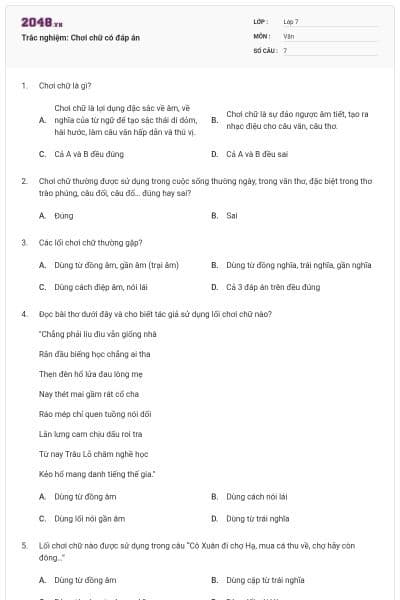 Trắc nghiệm: Chơi chữ có đáp án