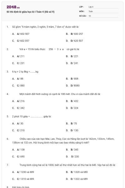 Đề thi định kì giữa học kì I Toán 4 (Đề số 9)