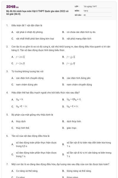 Bộ đề thi minh họa môn Vật lí THPT Quốc gia năm 2022 có lời giải (Đề 8)