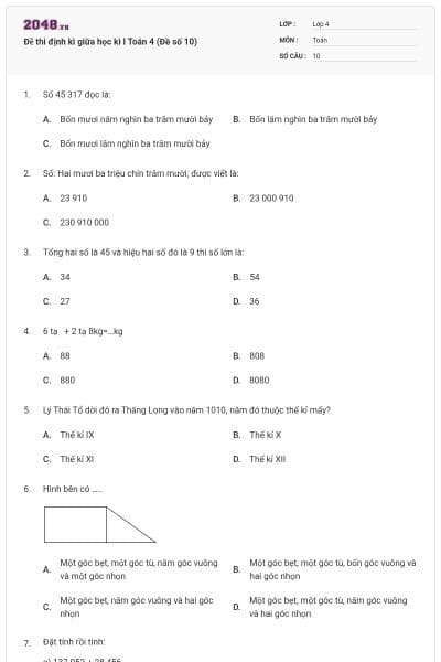 Đề thi định kì giữa học kì I Toán 4 (Đề số 10)