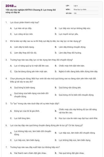 150 câu trắc nghiệm KHTN 6 Chương 8: Lực trong đời sống có đáp án
