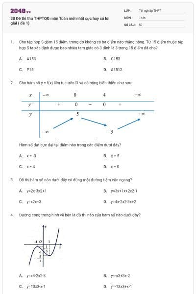 20 Đề thi thử THPTQG môn Toán mới nhất cực hay có lời giải ( đề 1)
