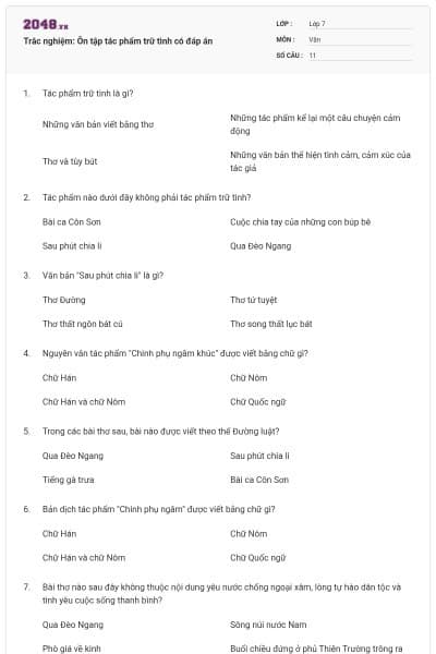 Trắc nghiệm: Ôn tập tác phẩm trữ tình có đáp án
