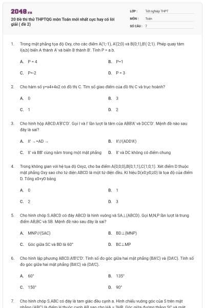 20 Đề thi thử THPTQG môn Toán mới nhất cực hay có lời giải ( đề 2)