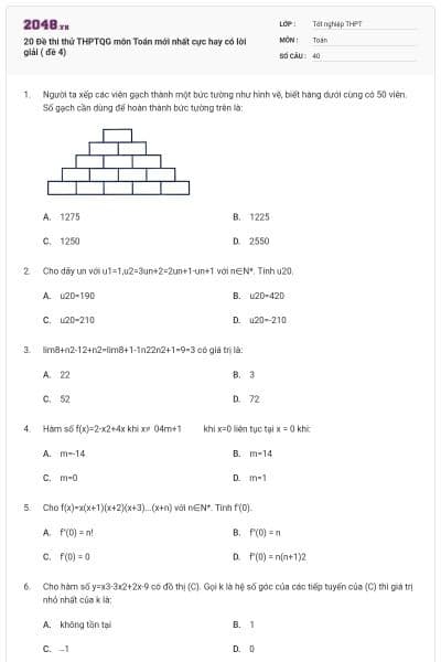 20 Đề thi thử THPTQG môn Toán mới nhất cực hay có lời giải ( đề 4)
