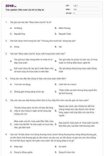 Trắc nghiệm: Mùa xuân của tôi có đáp án