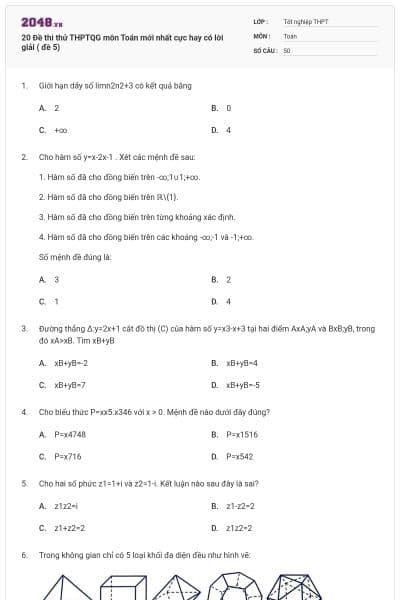 20 Đề thi thử THPTQG môn Toán mới nhất cực hay có lời giải ( đề 5)