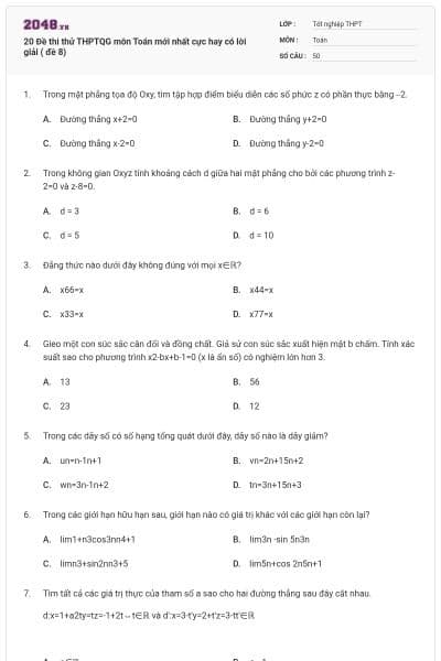 20 Đề thi thử THPTQG môn Toán mới nhất cực hay có lời giải ( đề 8)