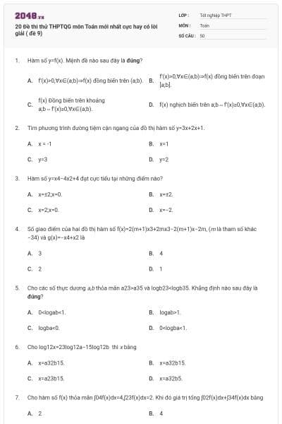 20 Đề thi thử THPTQG môn Toán mới nhất cực hay có lời giải ( đề 9)