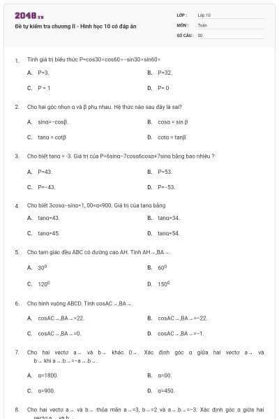Đề tự kiểm tra chương II - Hình học 10 có đáp án