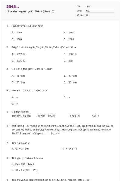 Đề thi định kì giữa học kì I Toán 4 (Đề số 13)