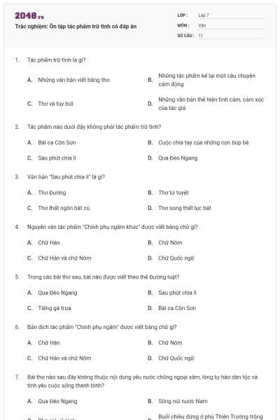 Trắc nghiệm: Ôn tập tác phẩm trữ tình có đáp án