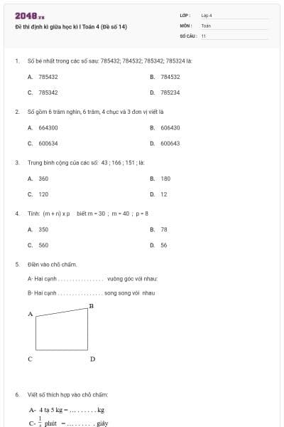 Đề thi định kì giữa học kì I Toán 4 (Đề số 14)