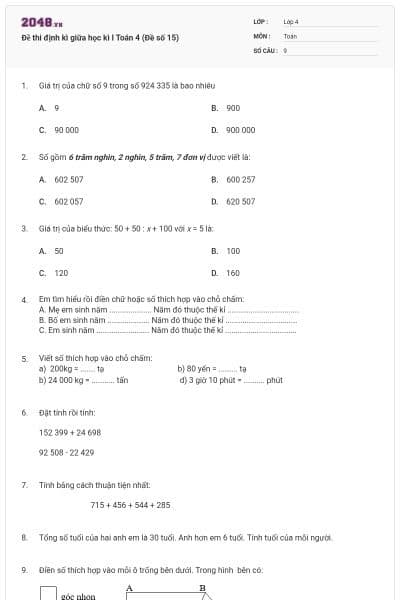 Đề thi định kì giữa học kì I Toán 4 (Đề số 15)