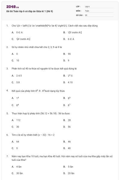 Đề thi Toán lớp 6 có đáp án Giữa kì 1 (Đề 9)